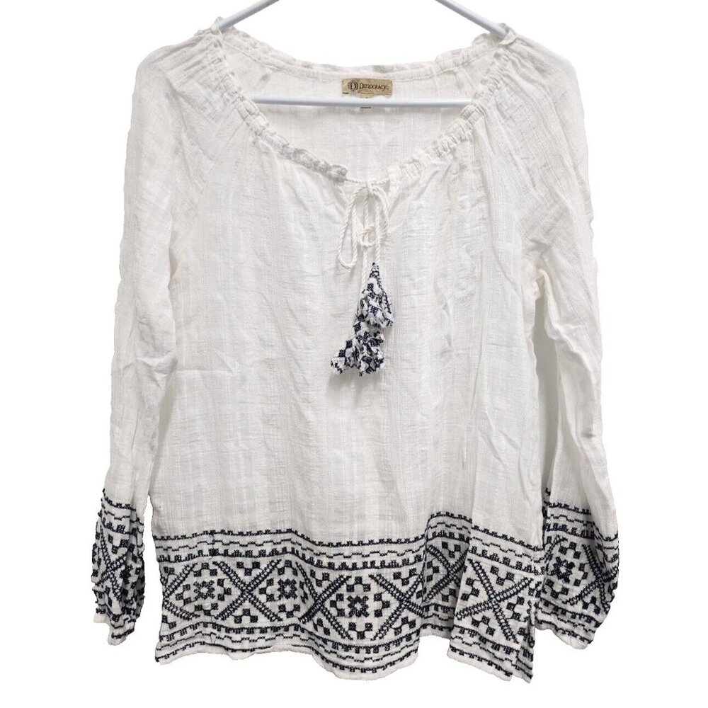 Democracy Womens Peasant BOHO Top Small White Black Embroidered Long Sleeve